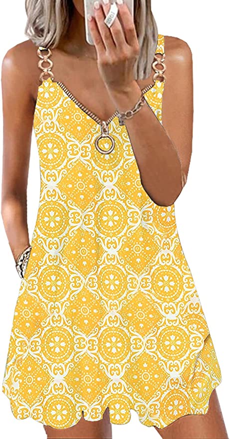 Women's Summer Dresses 2023 Boho Floral Print Beach Dress V Neck Sleeveless Spaghetti Strap Sundresses with Pockets