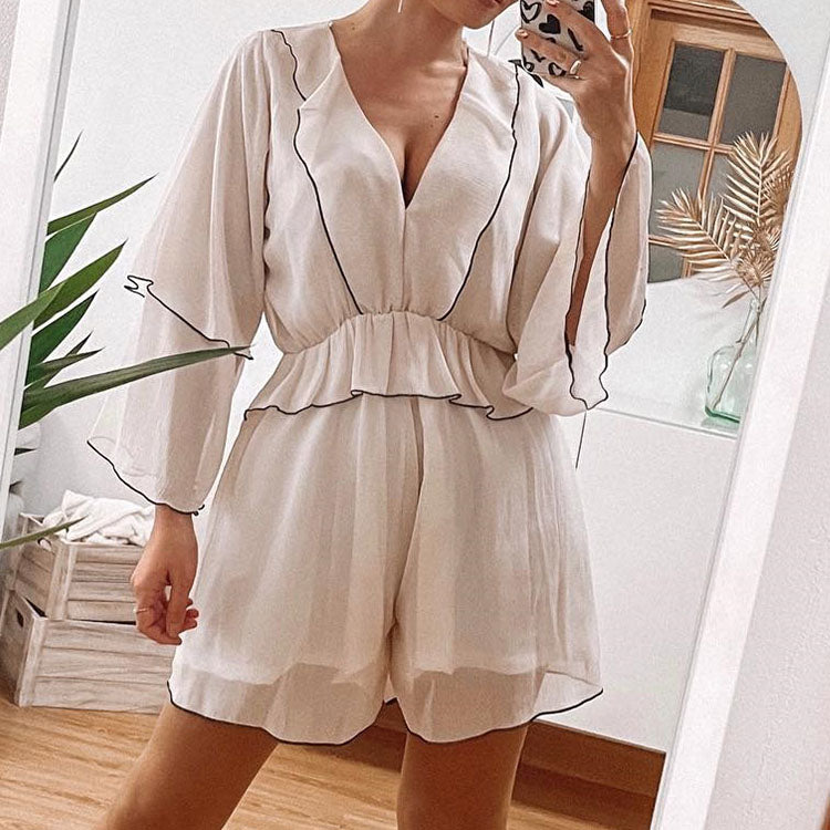 Ruffles Tiered Chiffon Wide Leg Beige Romper