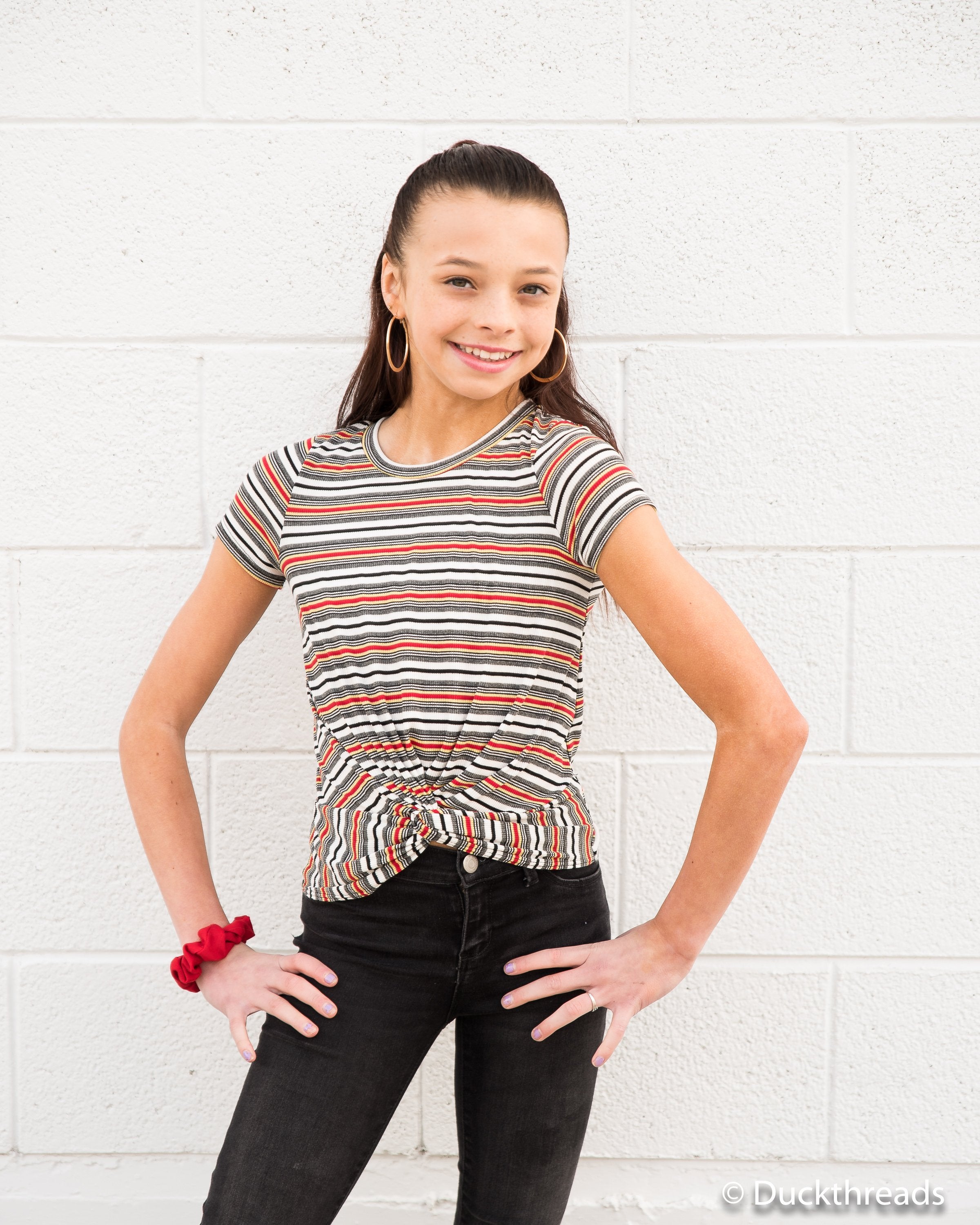 Girls Red & Black Striped Twist-Front Tee