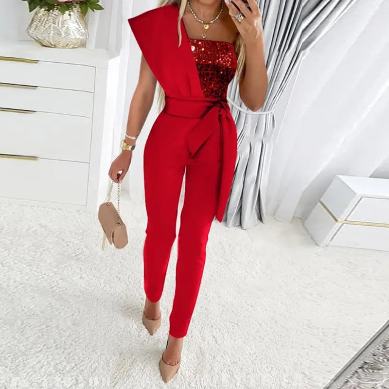 Sequins Patchwork Short Sleeve Slim Bodycon Outfits Jumpsuit
