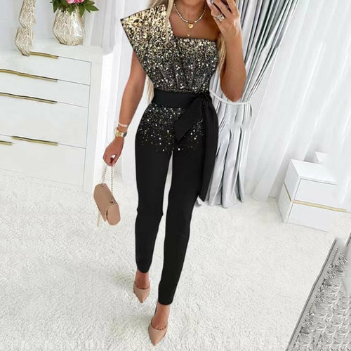 Sequins Patchwork Short Sleeve Slim Bodycon Outfits Jumpsuit