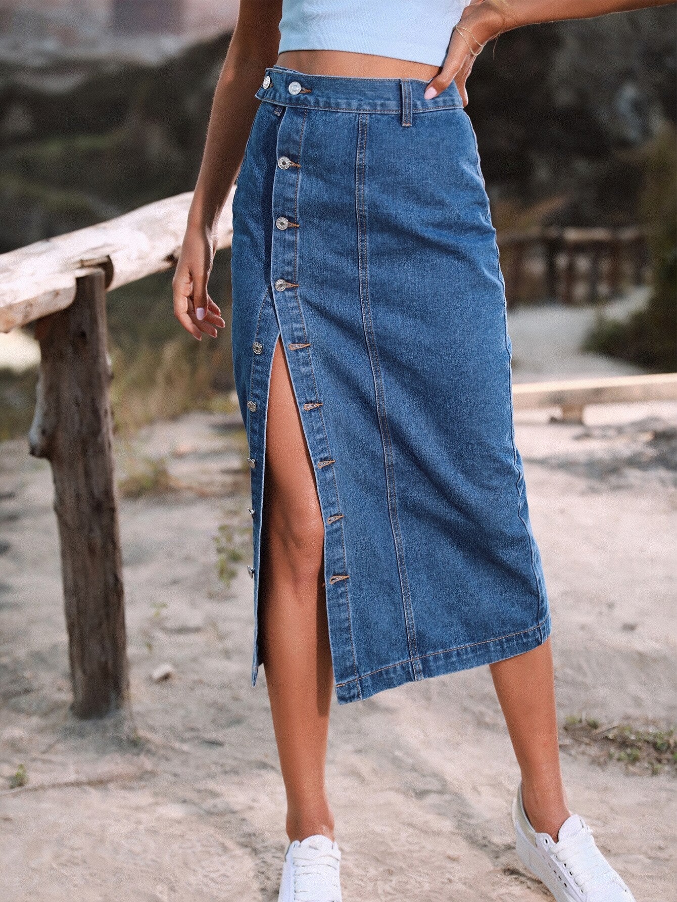 single Breasted Women Side Denim Skirt