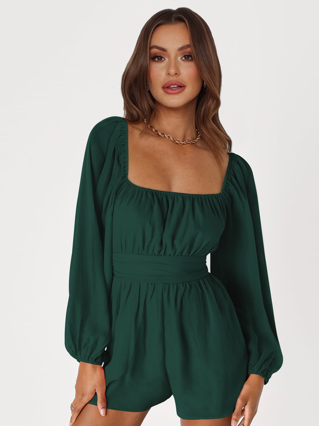 Casual Wide Leg Square Collar Lantern Sleeve Romper