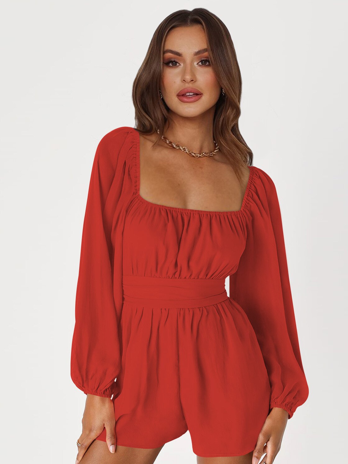 Casual Wide Leg Square Collar Lantern Sleeve Romper