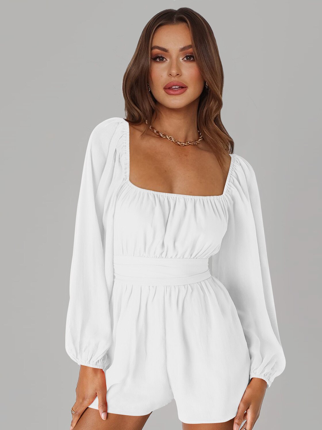 Casual Wide Leg Square Collar Lantern Sleeve Romper