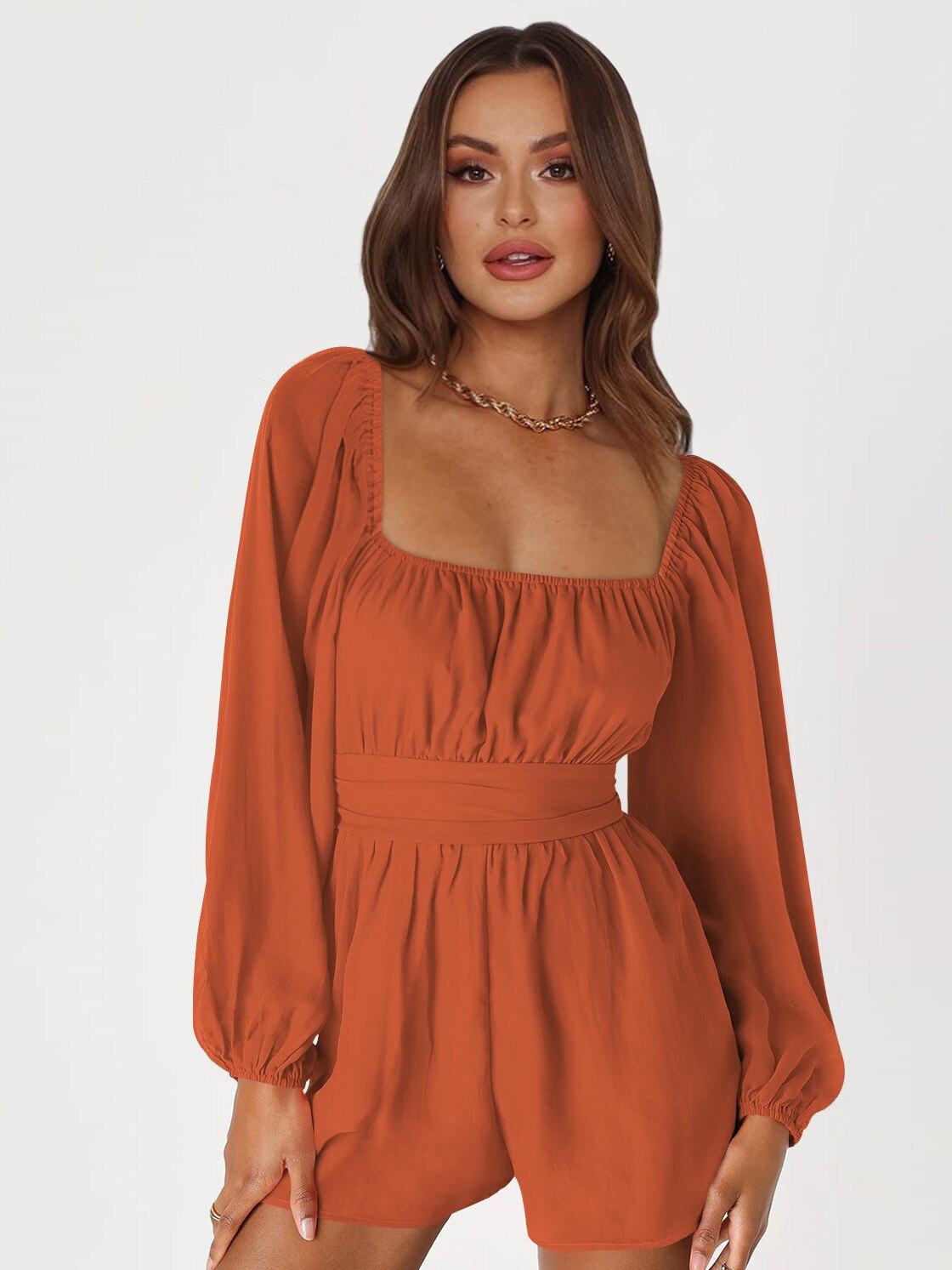 Casual Wide Leg Square Collar Lantern Sleeve Romper