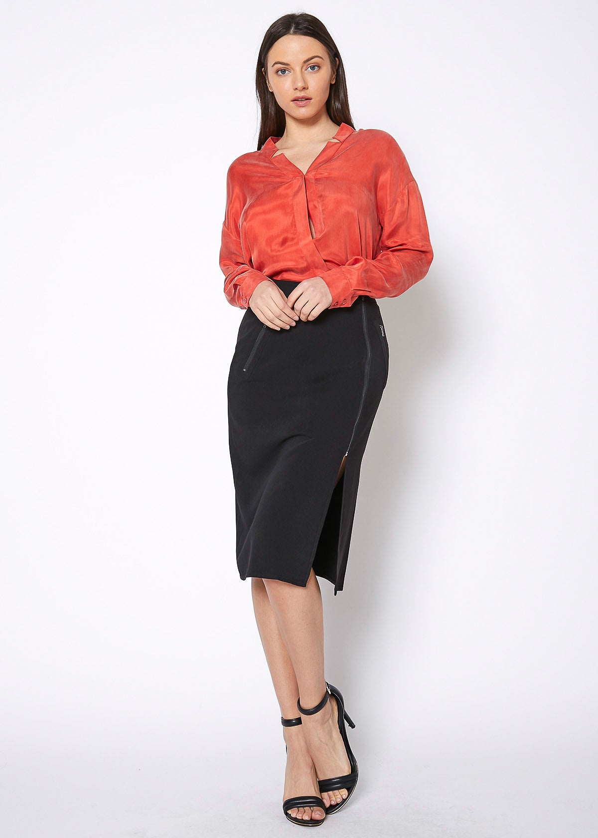 Women's Zip Up Slit Hem Midi Skirt