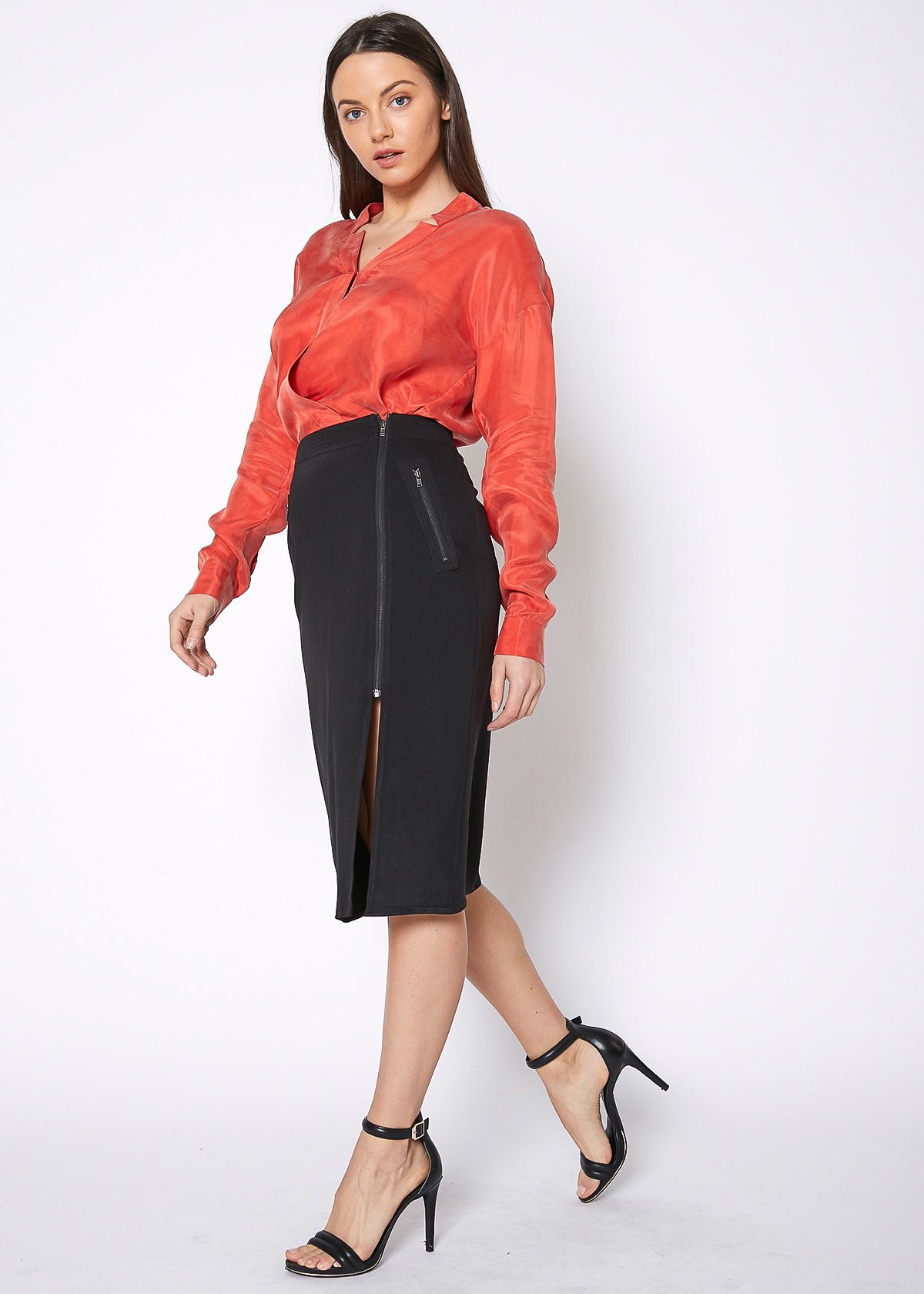 Women's Zip Up Slit Hem Midi Skirt