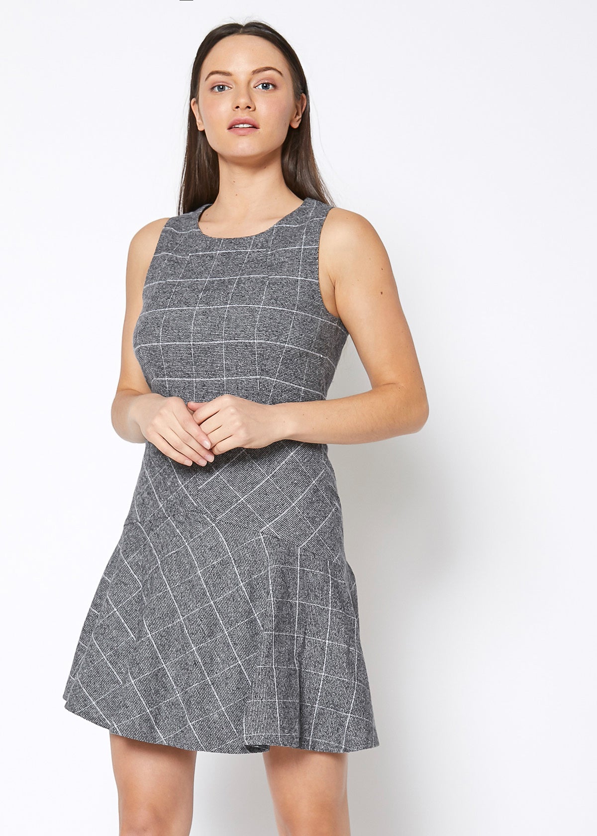 Women's Fit & Flare Tank Dress In Gray Plaid