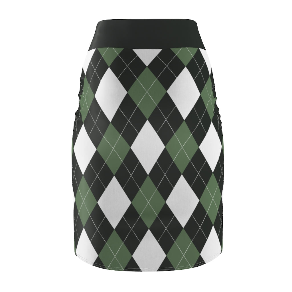 Womens Pencil Skirt, Green and White Argyle Stretch Mini, S510537