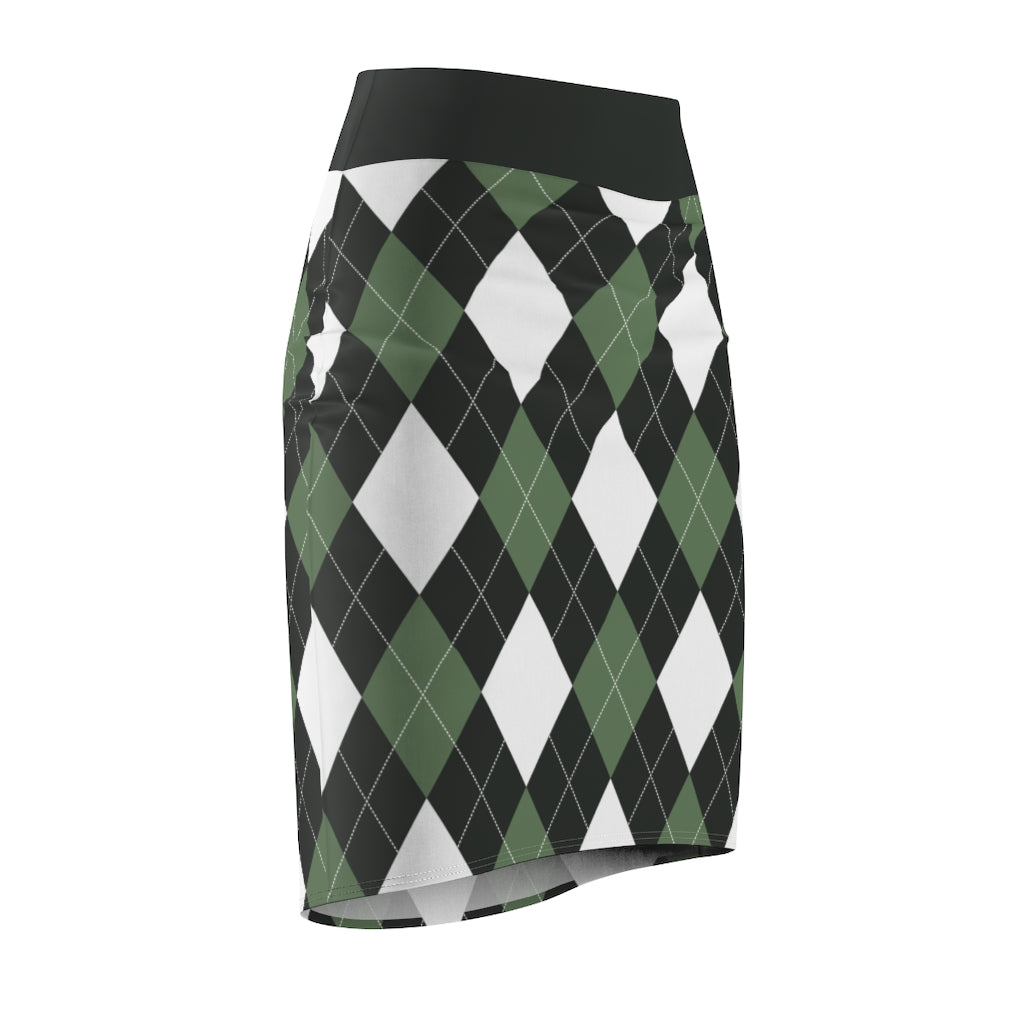 Womens Pencil Skirt, Green and White Argyle Stretch Mini, S510537