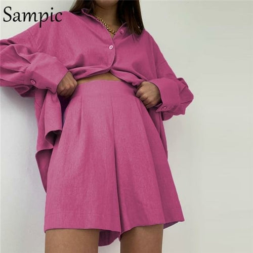 Sampic Casual Long Shorts and Loose Shirt Top Two Piece Set