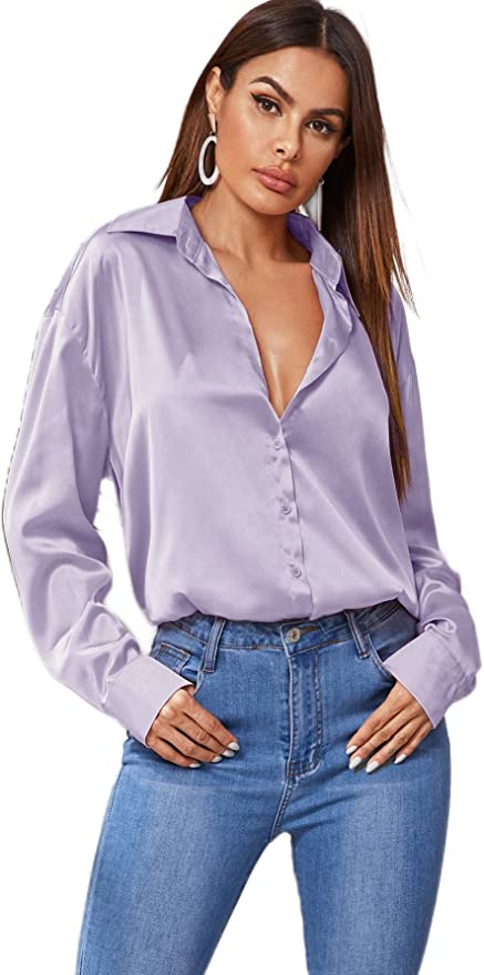 Women's Satin Silk Long Sleeve Blouse Button Down Shirt Casual Top