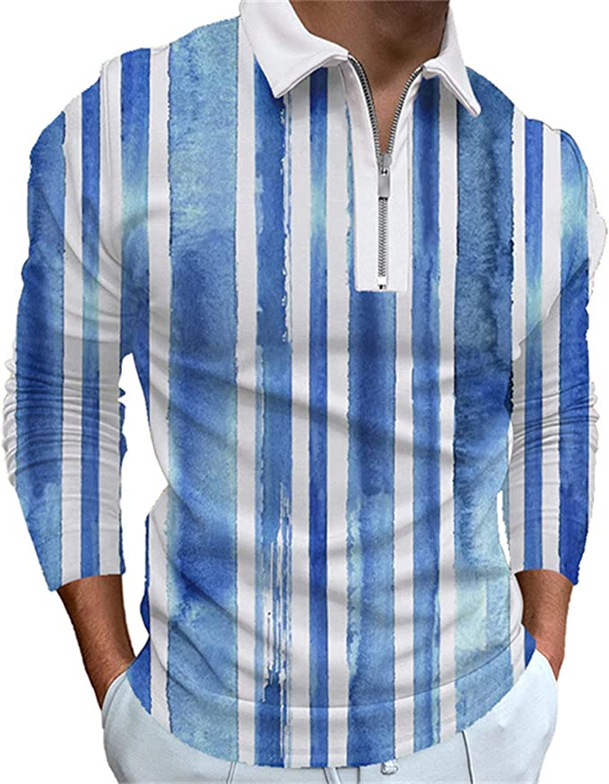 Men's Fashion Polo Shirts Casual Long Sleeve Golf Shirts Color Block Cotton Tops