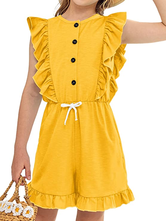 Girls Summer Ruffle Sleeveless Rompers Button Tie Front Shorts Jumpsuits Overall One Piece Outfit with Pockets