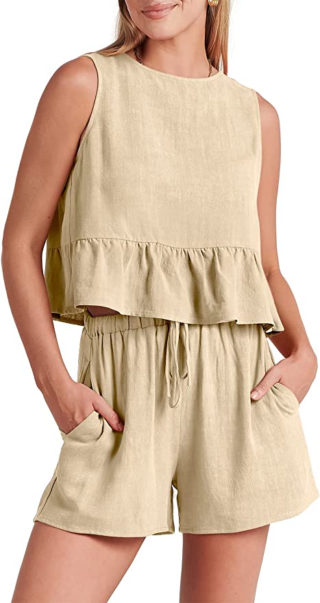 Women’s Summer 2 Piece Outfits Shorts Sets Sleeveless Ruffle Crop Top Tank and Drawstring Shorts Romper