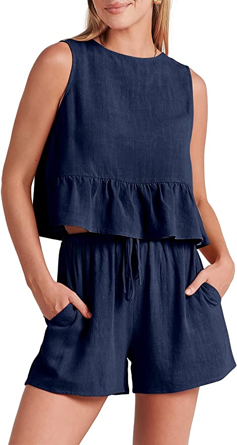 Women’s Summer 2 Piece Outfits Shorts Sets Sleeveless Ruffle Crop Top Tank and Drawstring Shorts Romper