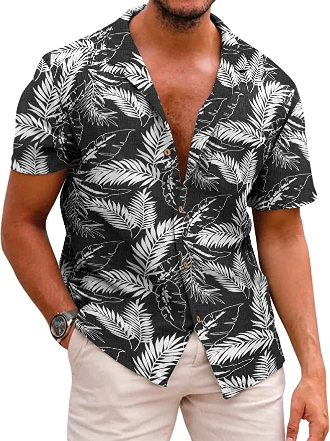 Men's Hawaiian Floral Shirts Cotton Linen Button Down Tropical Holiday Beach Shirts