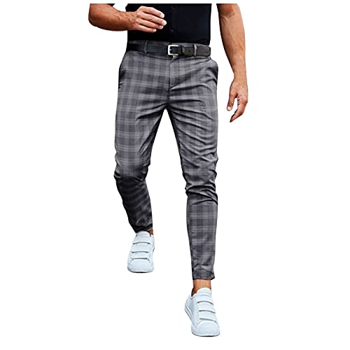 Men's Slim Fit Stretch Flat-Front Pants Plaid Casual Suit Pants Stretch Straight Fit Work Business Trousers