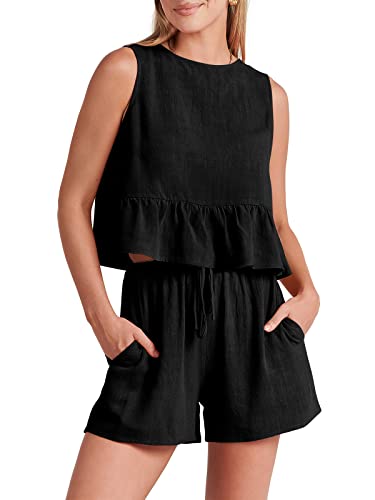 Women’s Summer 2 Piece Outfits Shorts Sets Sleeveless Ruffle Crop Top Tank and Drawstring Shorts Romper