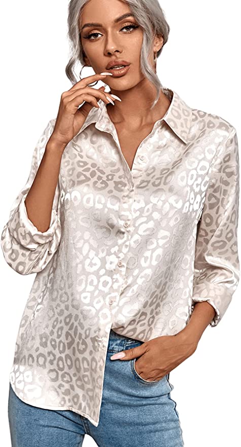 Women's Satin Silk Long Sleeve Blouse Button Down Shirt Casual Top