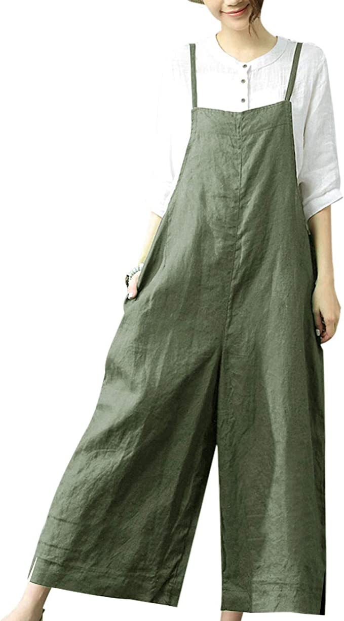 Women Casual Loose Long Bib Pants Wide Leg Jumpsuits Baggy Cotton Rompers Overalls with Pockets PZZ