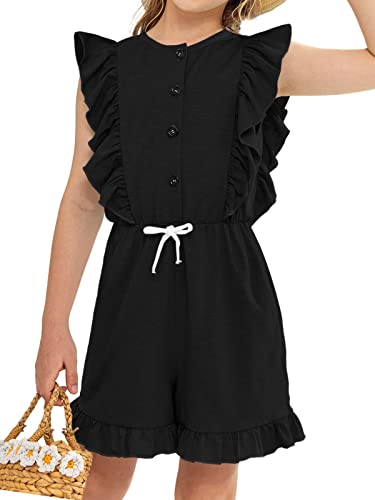 Girls Summer Ruffle Sleeveless Rompers Button Tie Front Shorts Jumpsuits Overall One Piece Outfit with Pockets