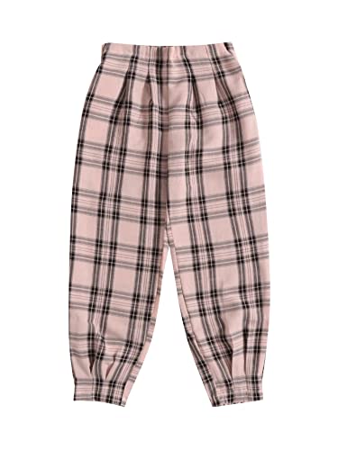 Girl's Casual Elastic High Waisted Plaid Pants with Pockets