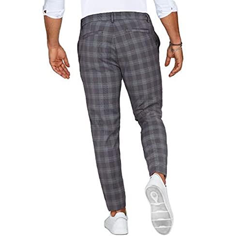 Men's Slim Fit Stretch Flat-Front Pants Plaid Casual Suit Pants Stretch Straight Fit Work Business Trousers