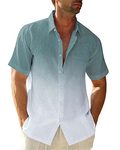 Mens Gradient Linen Shirts Casual Button Down Short Sleeve Beach Summer Shirts