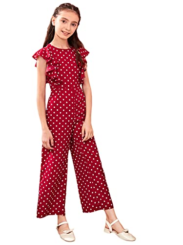 Girl's Polka Dots Ruffle Trim Cap Sleeve Round Neck Wide Leg Jumpsuit