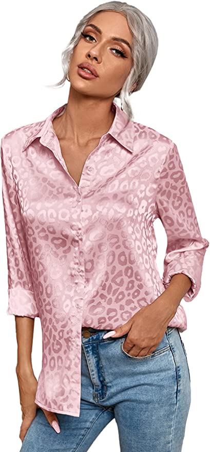 Women's Satin Silk Long Sleeve Blouse Button Down Shirt Casual Top