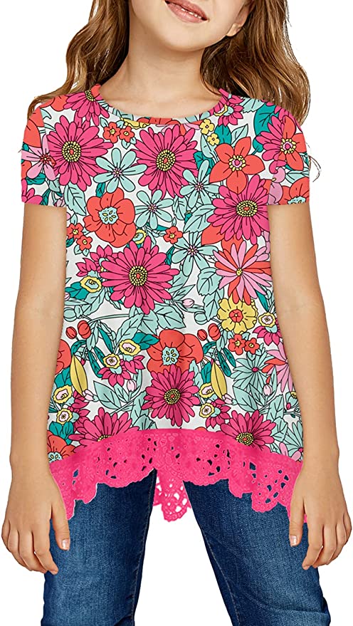 Girls Casual Tunic Tops Short Sleeve Loose Soft Blouse T-Shirt for 4-13 Years