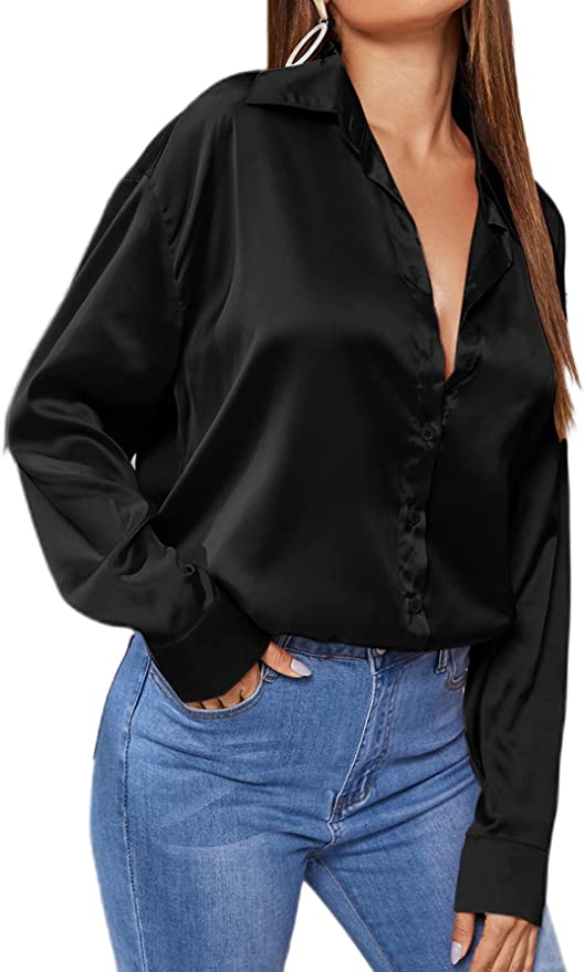 Women's Satin Silk Long Sleeve Blouse Button Down Shirt Casual Top