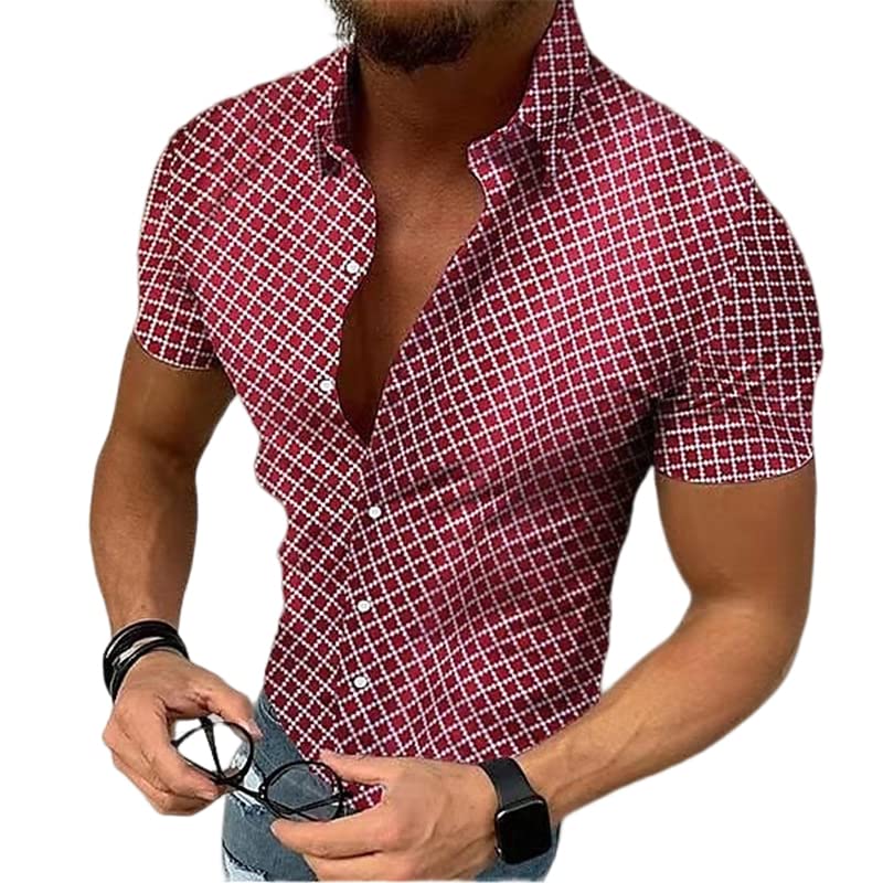 Men's Regular Fit Short Sleeve Print Shirt Athletic Muscle Button Down Shirts Casual Summer Dress Shirts