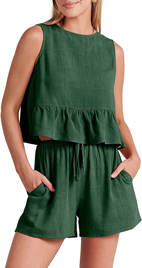 Women’s Summer 2 Piece Outfits Shorts Sets Sleeveless Ruffle Crop Top Tank and Drawstring Shorts Romper