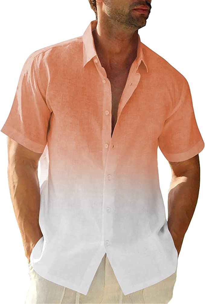 Mens Gradient Linen Shirts Casual Button Down Short Sleeve Beach Summer Shirts