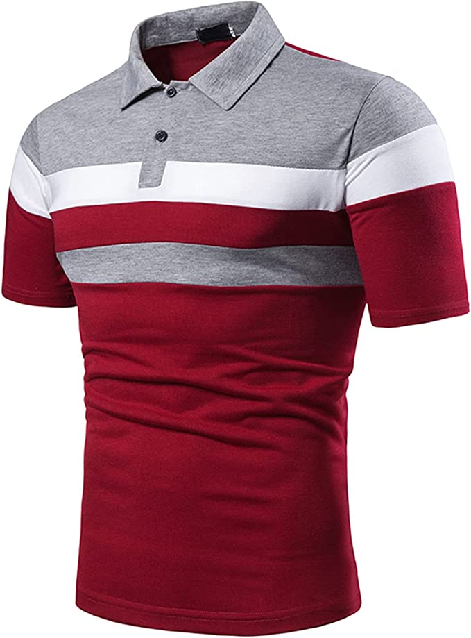 Men's Fashion Polo Shirts Casual Long Sleeve Golf Shirts Color Block Cotton Tops