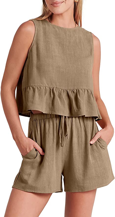 Women’s Summer 2 Piece Outfits Shorts Sets Sleeveless Ruffle Crop Top Tank and Drawstring Shorts Romper