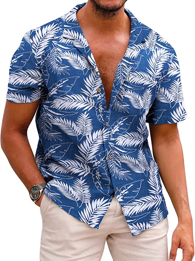 Men's Hawaiian Floral Shirts Cotton Linen Button Down Tropical Holiday Beach Shirts