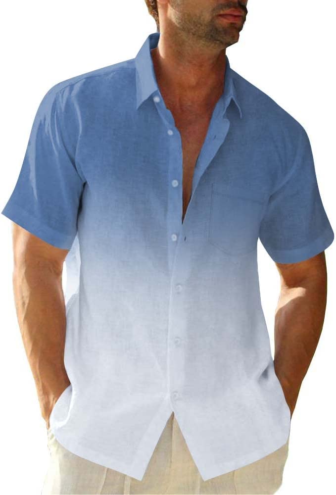 Mens Gradient Linen Shirts Casual Button Down Short Sleeve Beach Summer Shirts