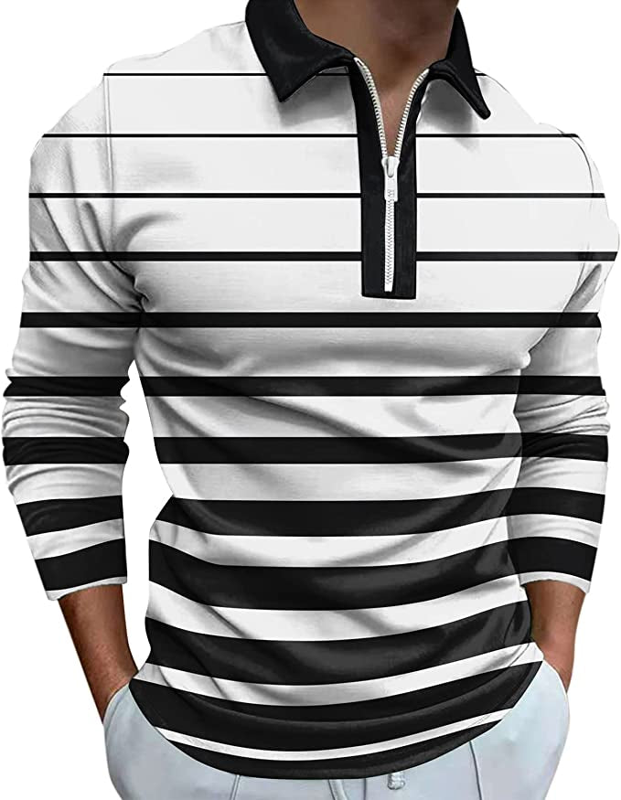 Men's Fashion Polo Shirts Casual Long Sleeve Golf Shirts Color Block Cotton Tops