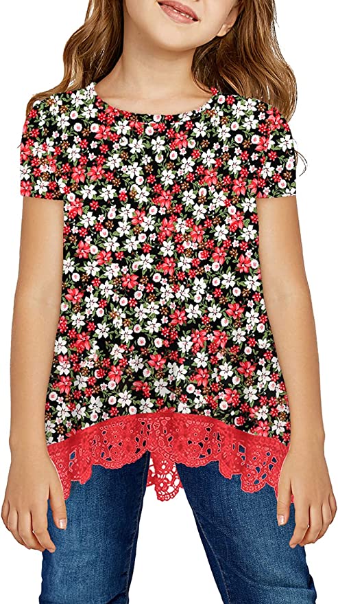 Girls Casual Tunic Tops Short Sleeve Loose Soft Blouse T-Shirt for 4-13 Years