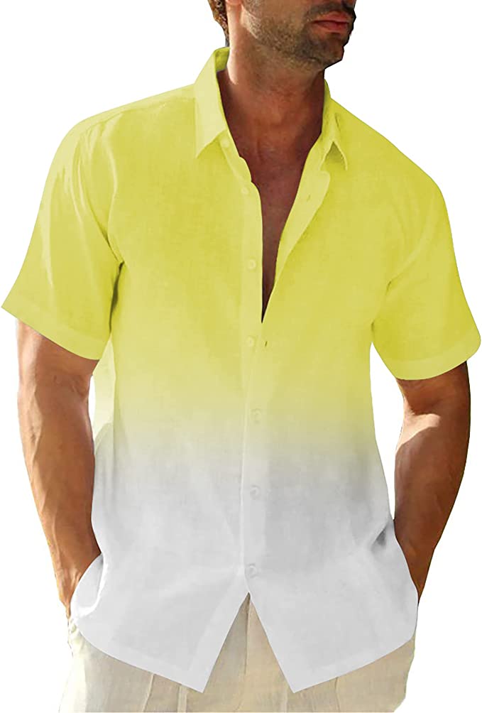 Mens Gradient Linen Shirts Casual Button Down Short Sleeve Beach Summer Shirts