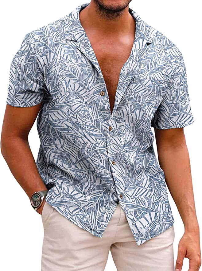 Men's Hawaiian Floral Shirts Cotton Linen Button Down Tropical Holiday Beach Shirts