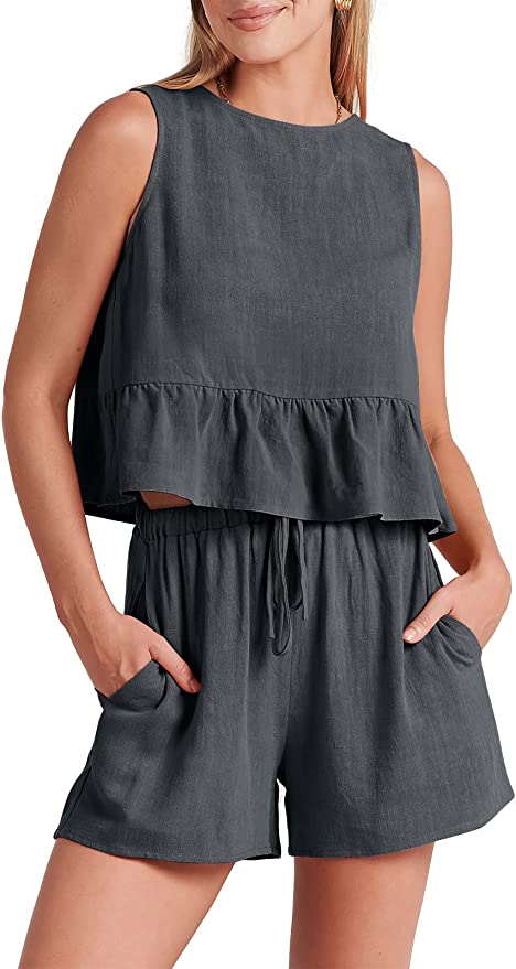 Women’s Summer 2 Piece Outfits Shorts Sets Sleeveless Ruffle Crop Top Tank and Drawstring Shorts Romper